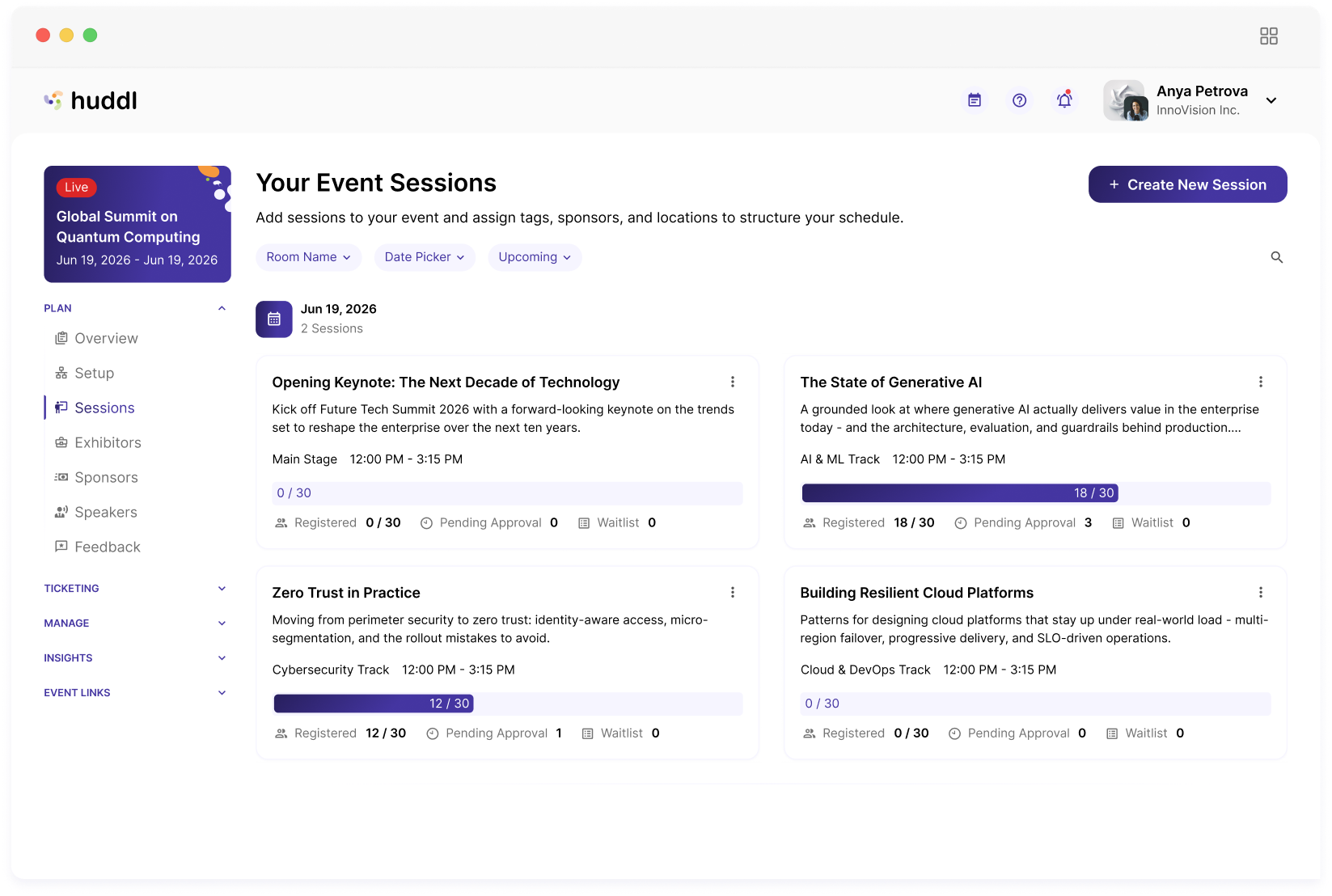 Huddl session schedule dashboard in a browser