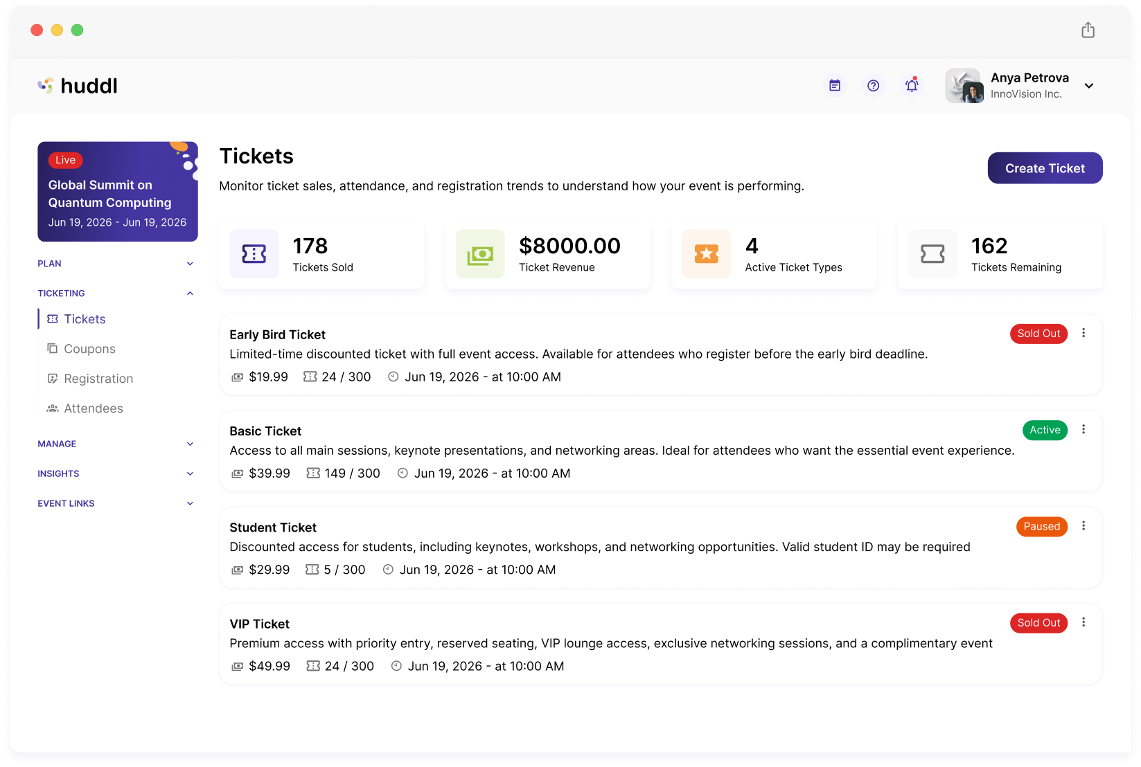 Huddl ticketing dashboard in a browser
