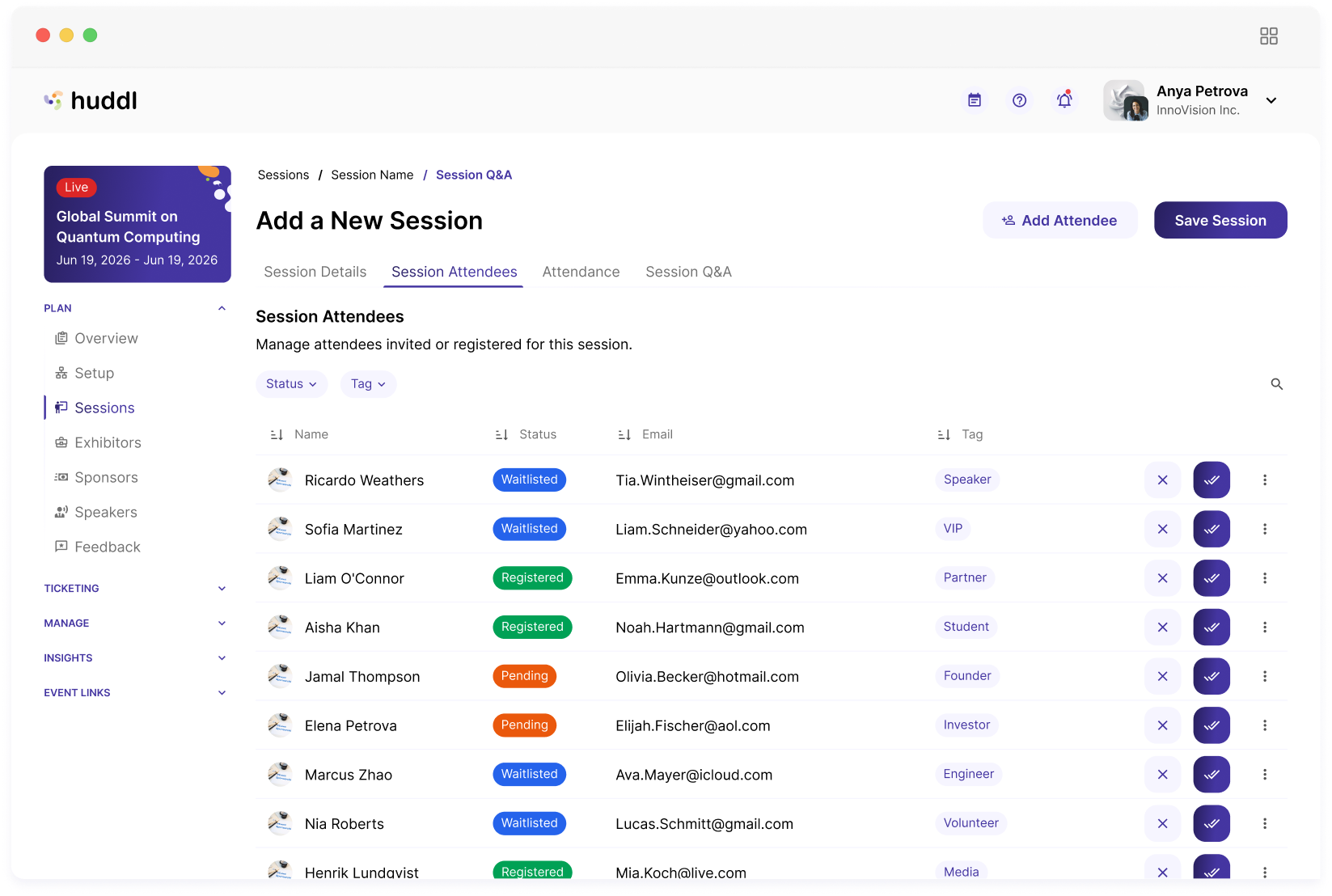 Huddl session attendees dashboard in a browser