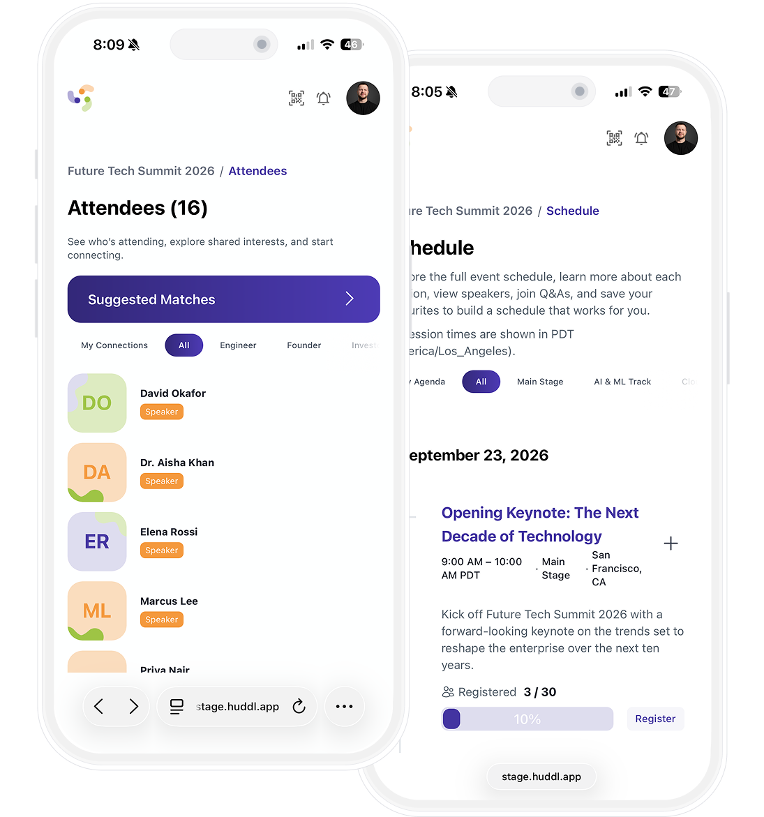 Huddl real-time agenda on two phones