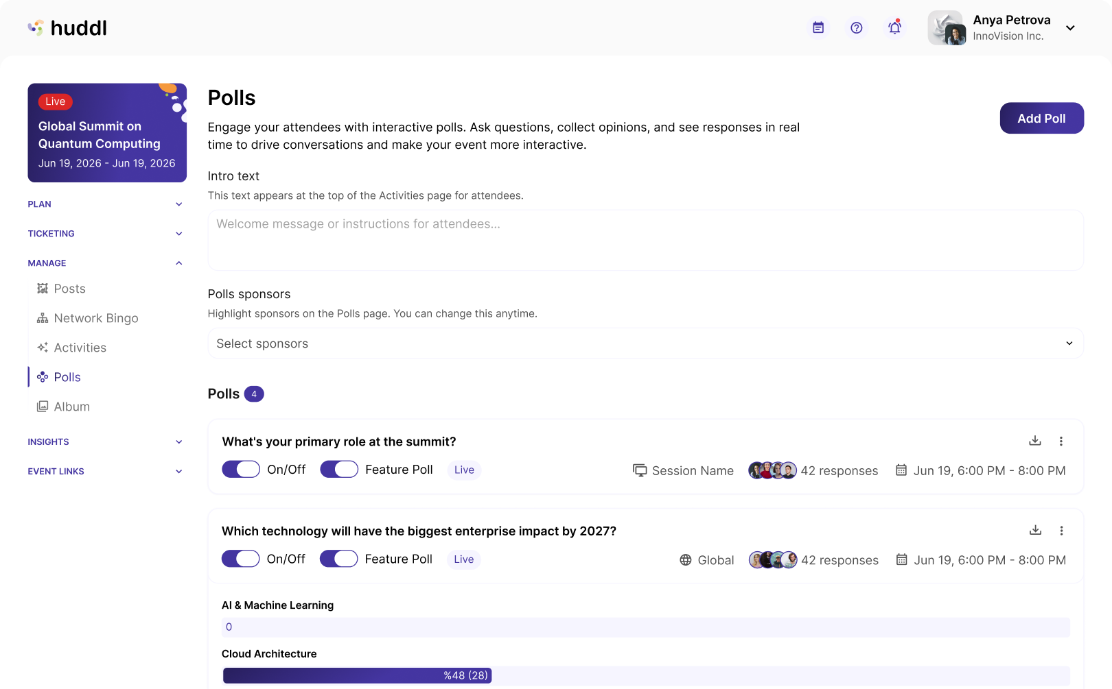 Huddl polls dashboard in a browser