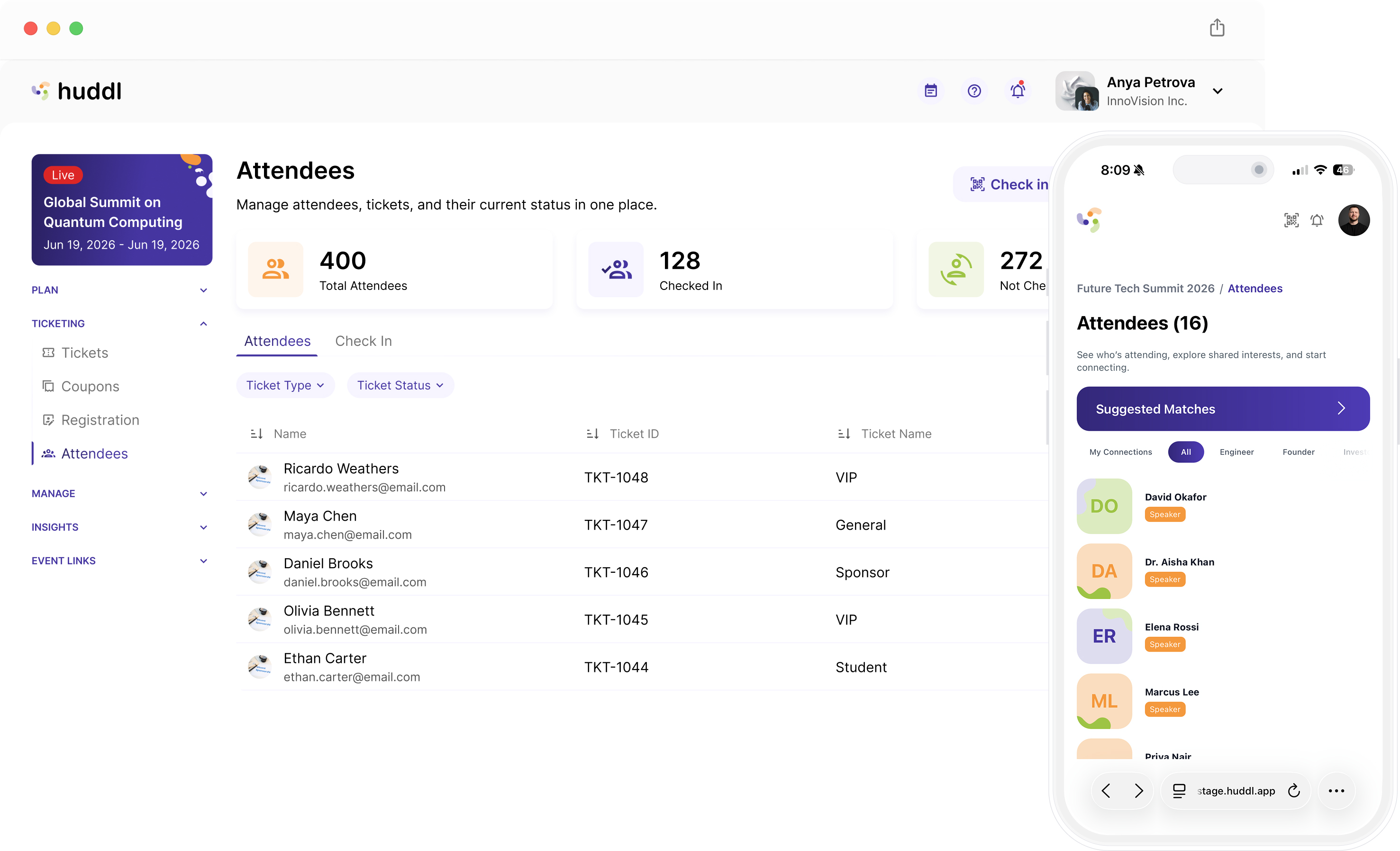 Huddl attendees dashboard on desktop and mobile